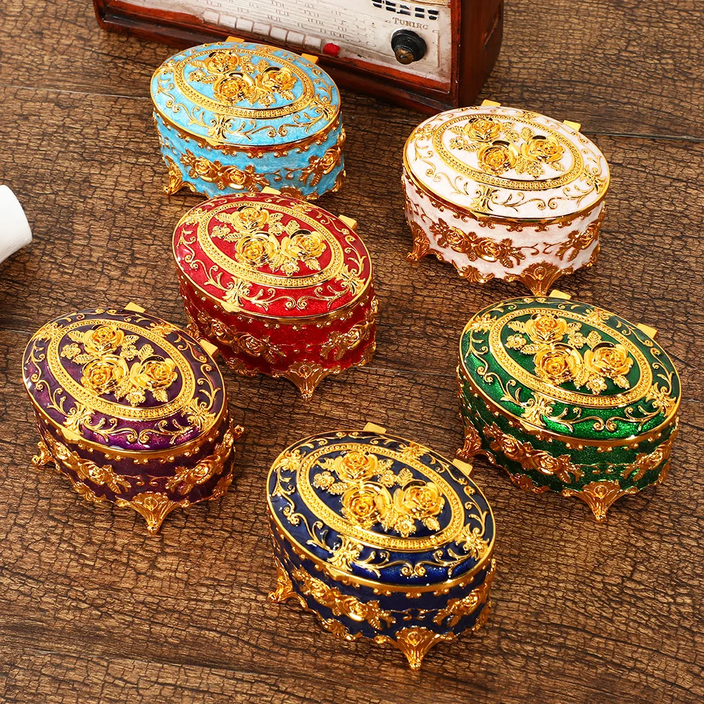 

European rose jewelry box retro light luxury jewelry box ornament enamel color dresser metal storage box