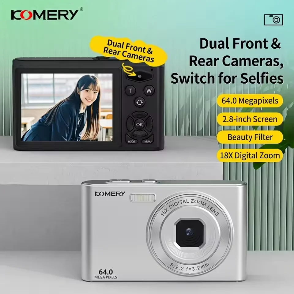 Caméra numérique KOMERY 4K 64MP avec autofocus, zoom numérique 18X, écran IPS de 2,8 pouces avec flash, caméra web pour YouTube
