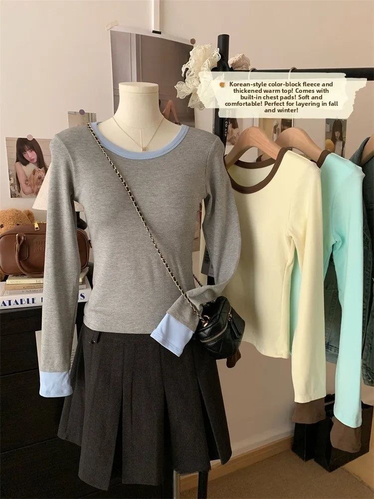 

Женская футболка с длинным рукавом на осень-зиму, корейский стиль, базовый слой, внутренняя одежда, с высокой талией, из полиэфирного волокна