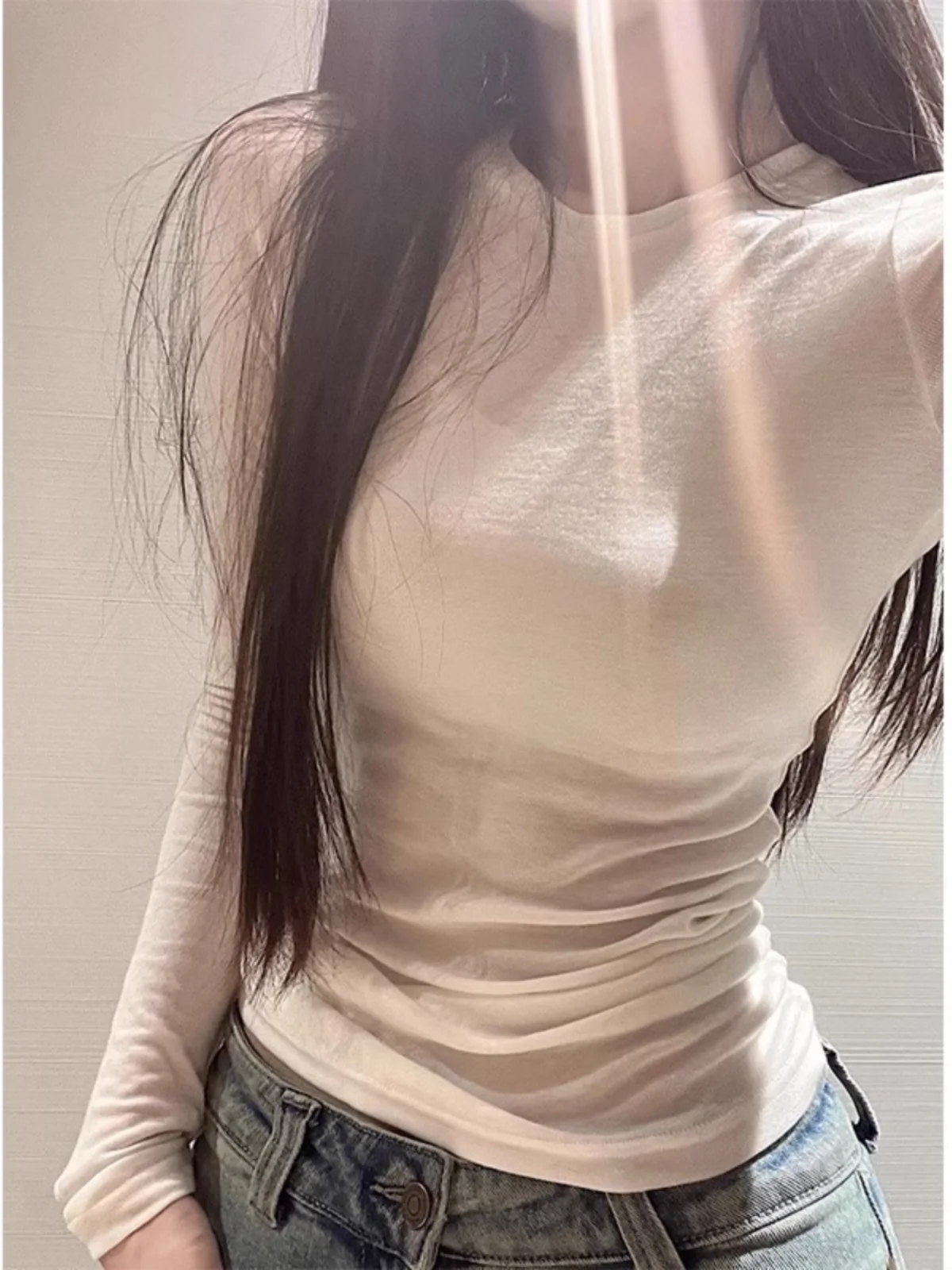 

Korean Style Long Sleeve Short T-Shirt Women's Slim Fit Base Layer Shirt Inner Wear Commute Style round Neck Regular Length