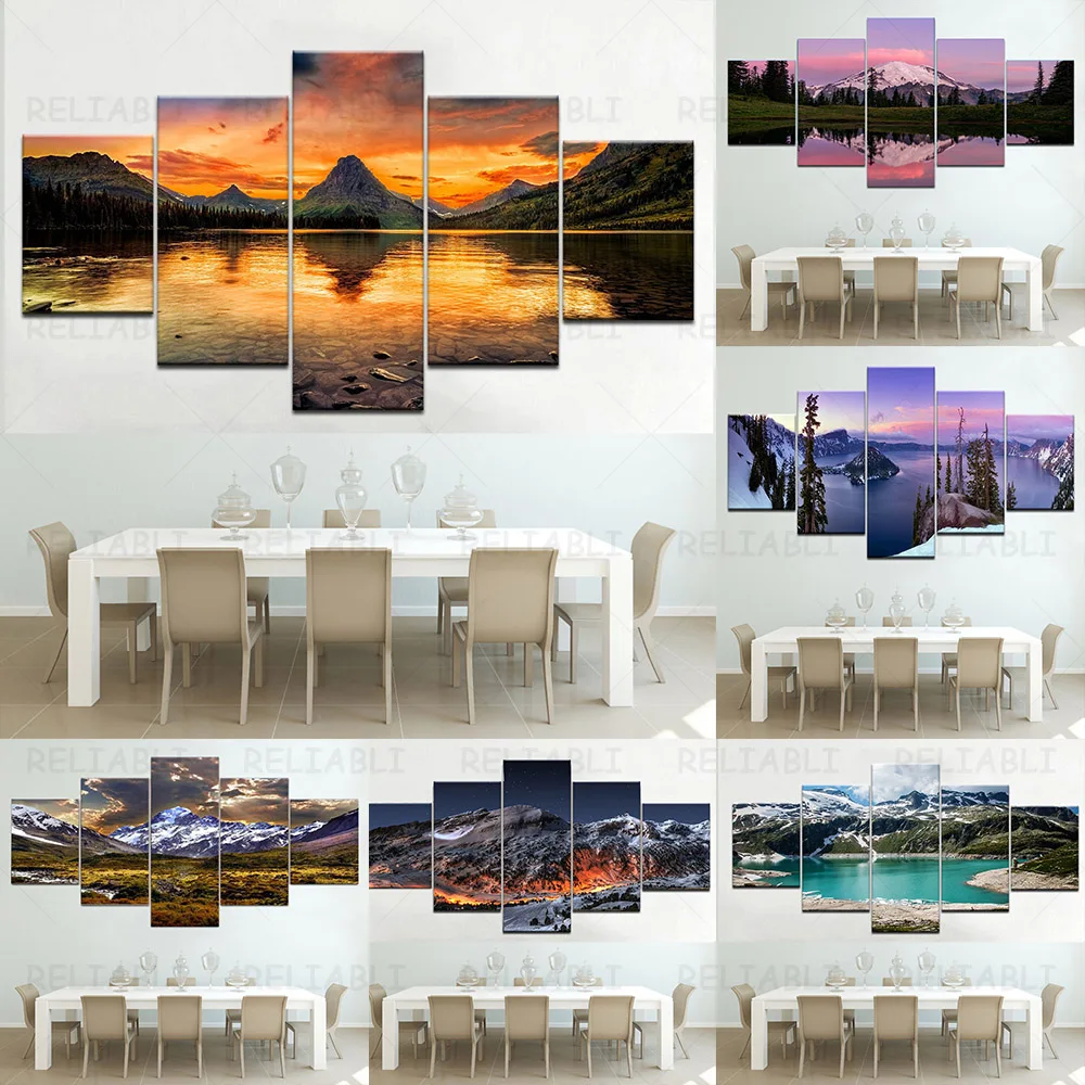 5 Panels Mountain Grassland Natural Landscape Canvas Painting, Snow Scene Wall Art, For Home Living Room Bedroom Decor, No Frame