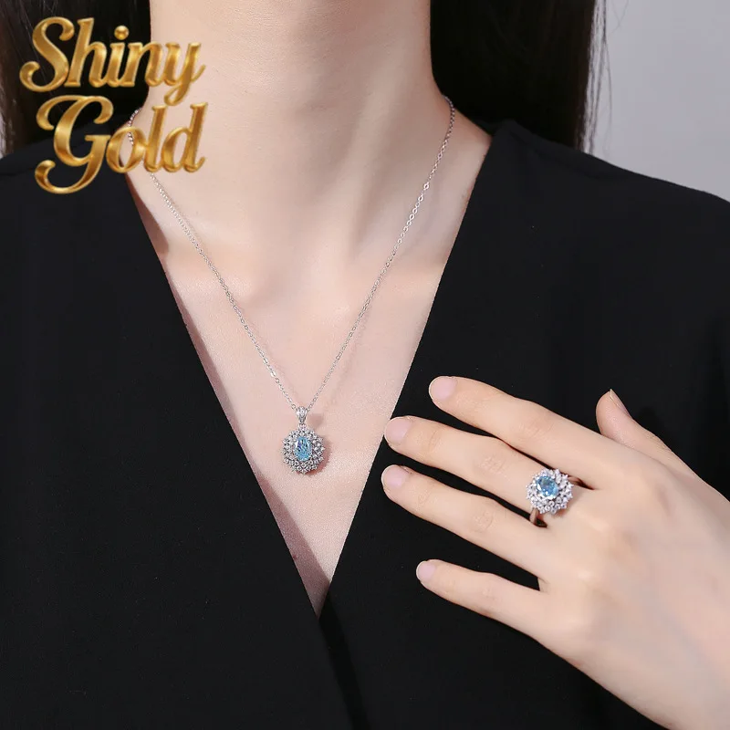 ShinyGold  Luxury Solid Platinum PT950 Women's Diamond Ring Sea Blue Three-piece Pendant Necklace Ring Stud Earrings