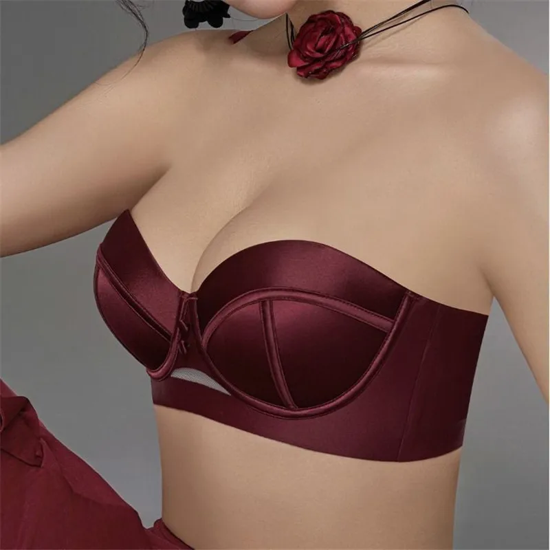 

Satin Breathable Half Cup Brasieres Women Underwear Bralette Detachable Straps Bras Woman Sexy Intimates Strapless Push Up Bras