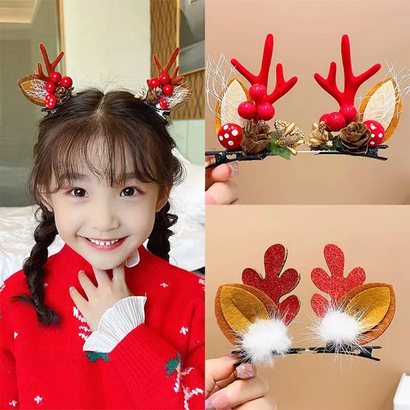 2pcs New Year Christmas Hair Pin Children Barrettes Bow Deer Santa Claus Kids Christmas Headwear Girls Kids Hair Accessories