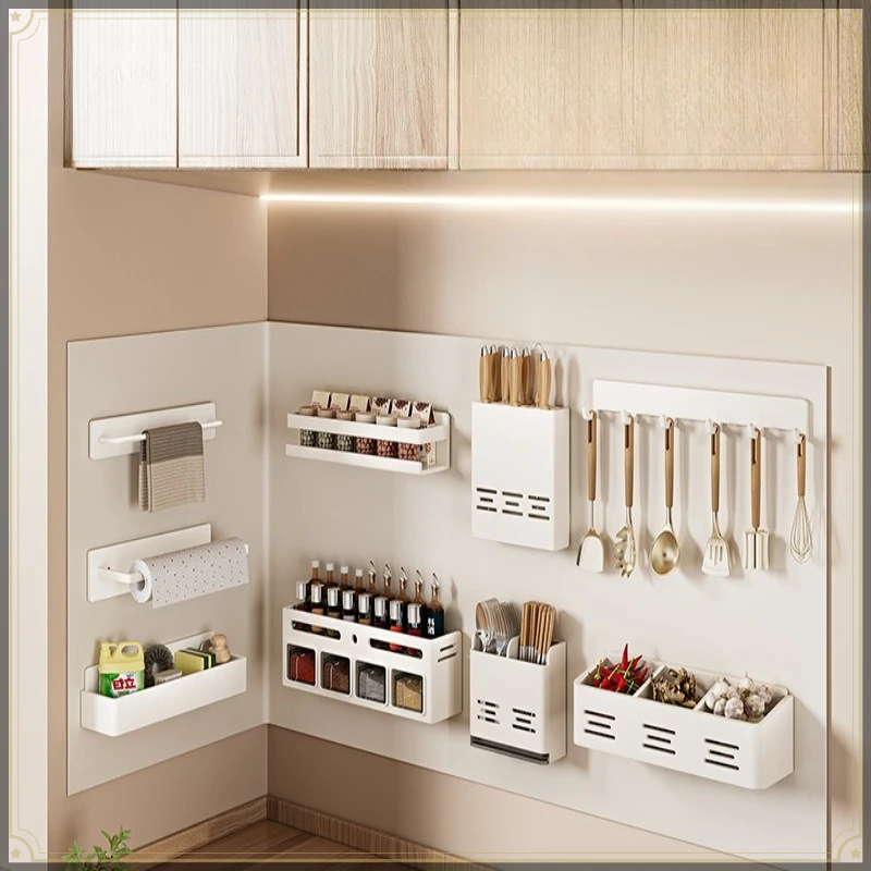 Magnetic Attachment Pot Lid Holder Carbon Steel Wall Mounted Punch Free with Drain Tray Kitchen Rack Traceless Pan Cover Holder