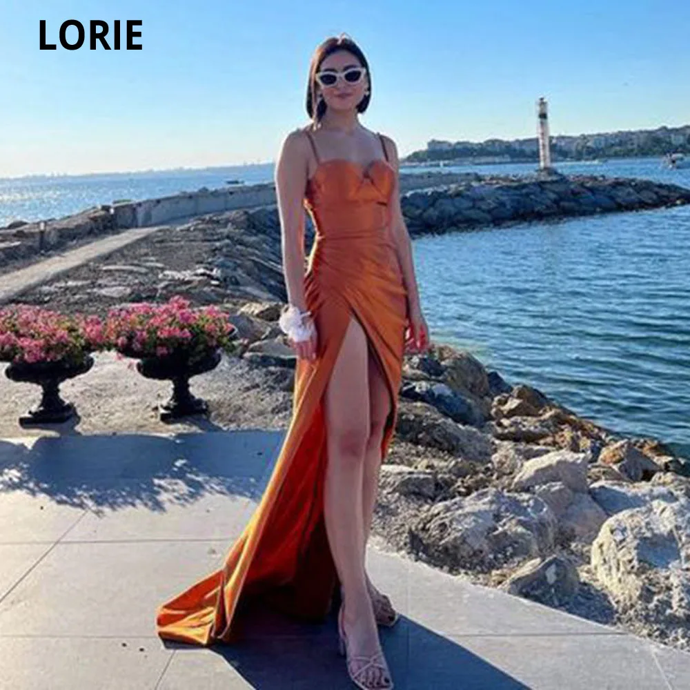 

LORIE Satin Spaghetti Straps Evening Dresses 2022 Sexy High Side Split Mermaid Prom Gown Arabic Party Dress Vestidos De Novia