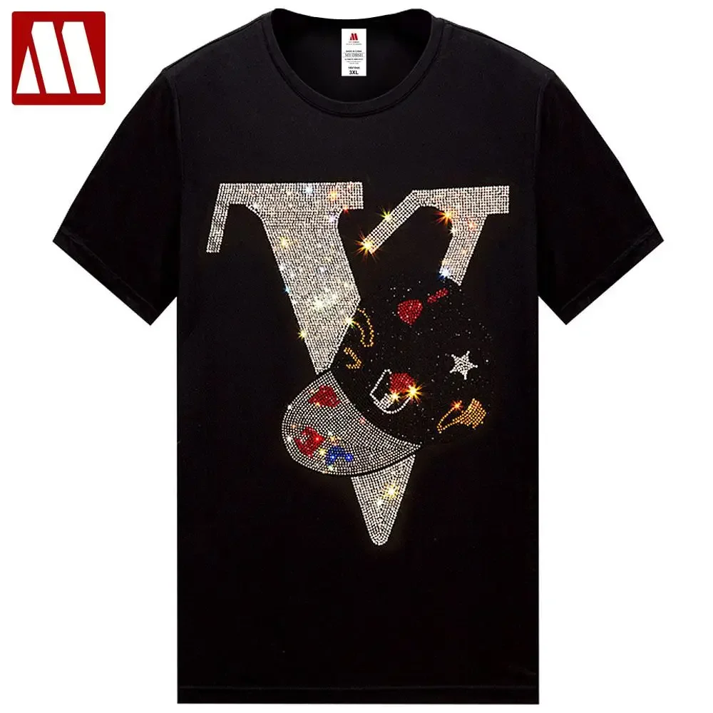 2024 Men\'s Summer Short Sleeve V-shaped Diamond T-shirt Men Shinny V Letter Rhinestone Tees For Man Oversized 5XL Tops Clothing