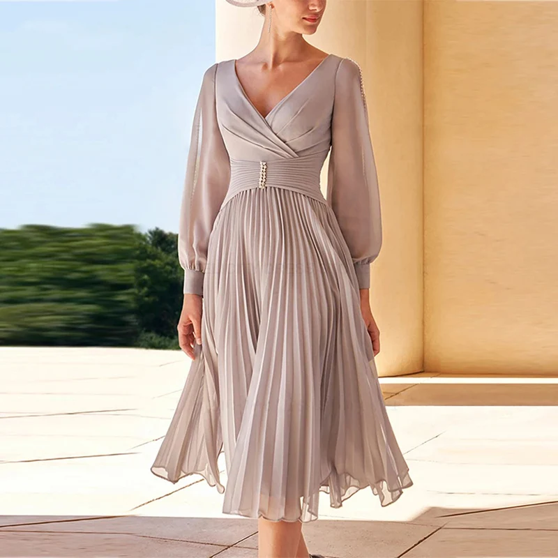 

Шифоновое плиссированное платье для матери невесты с v-образным вырезом и длинными рукавами Вечернее платье трапециевидной формы Свадебное платье для гостей Платье для выпускного вечера длиной до колена