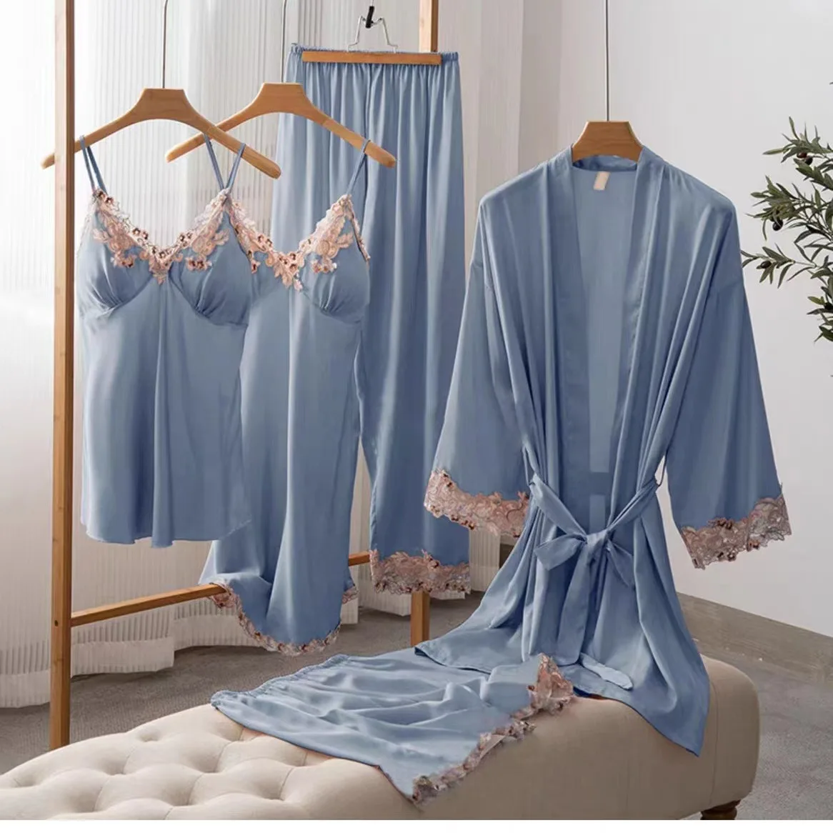 Ice Silk Pajamas Female Spring And Fall Long-sleeved Robe Sexy With Corset Pads Halter Nightgown Pajama Pants 5-piece set