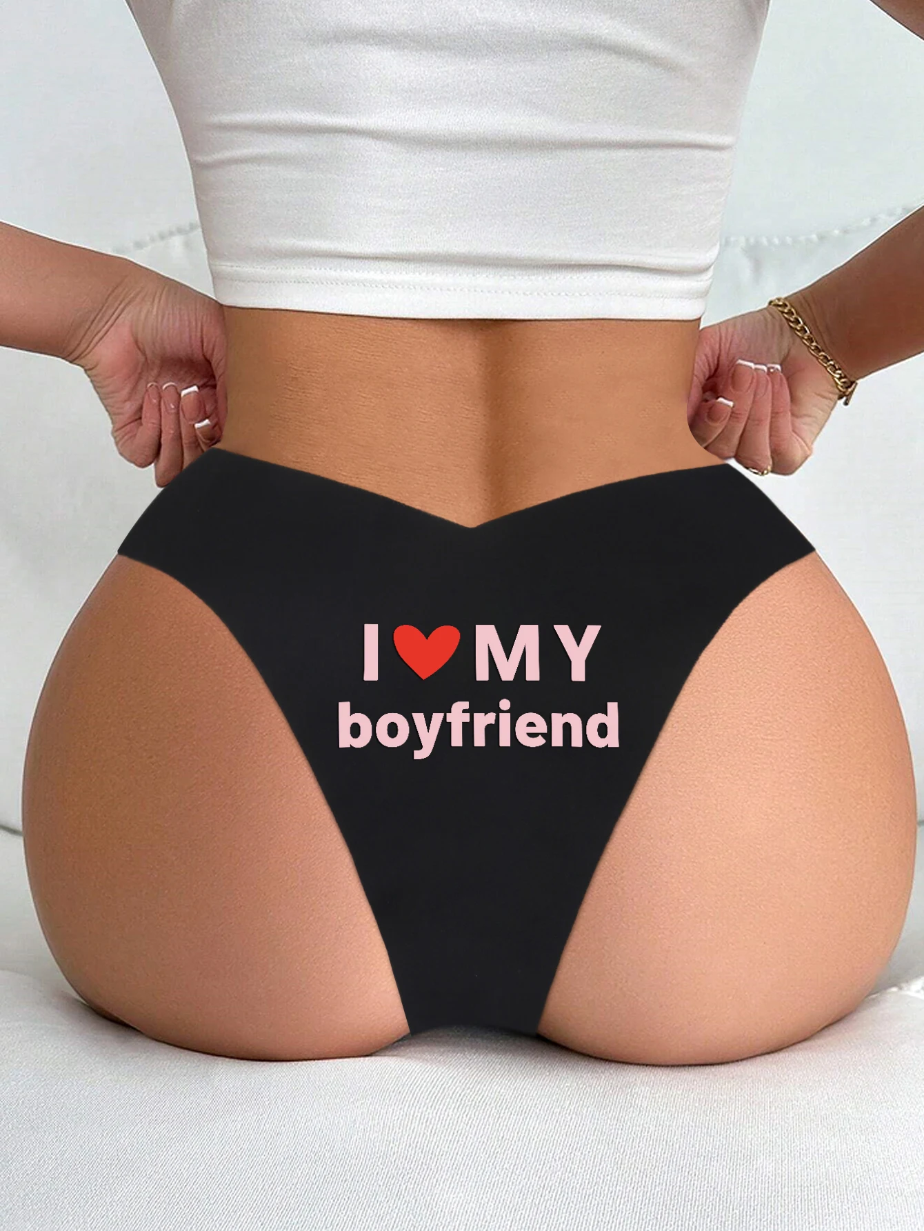 Women Funny Print Thong Seamless Sexy Underwear with i love my boyfriend Prints Cheeky Bikini Lingerie