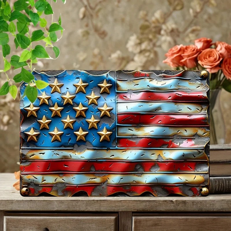 لوحة فنية جدارية معدنية عتيقة بعلم أمريكي - ديكور على شكل نجوم وخطوط وطنية مقاس 8 × 12 بوصة مع لمسات زرقاء وحمراء وذهبية #4