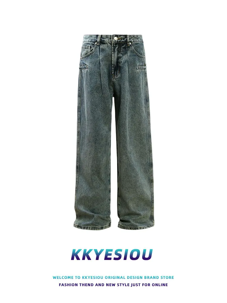 

KKyesiou American Retro Casual Jeans Men's Women's High Street Faded Folded Hip Hop Versatile Straight Leg Jeans