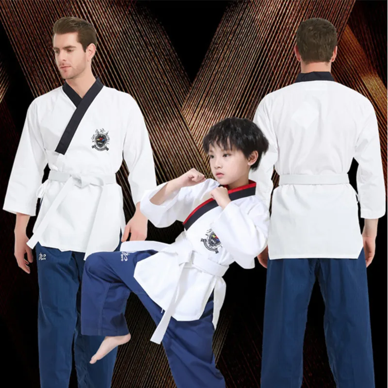 

Martial Arts Dobok Taekwondo Uniform Tae Kwon Do Y-Neck MMA Karate Demonstration Team Open Uniform For Kids And Adult