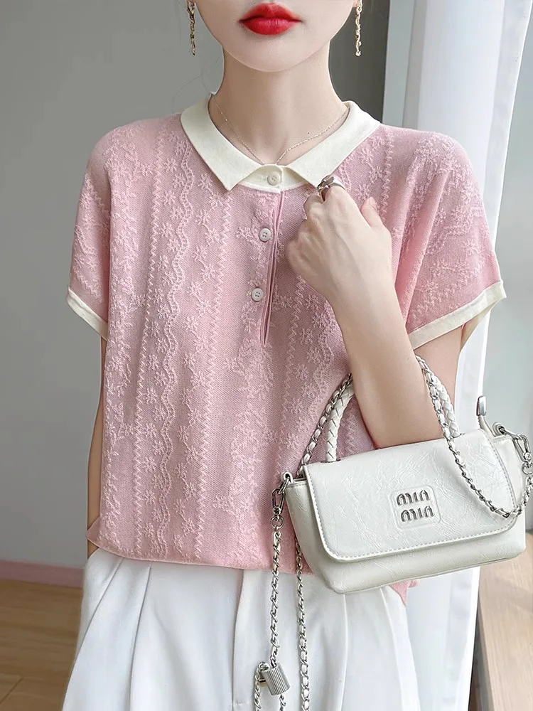 تي شيرت نسائي صيفي جديد Sle Color Blo ort Sve محبوك Ne تي شيرت مرتبط بالطيران Sve متعدد الاستخدامات #3