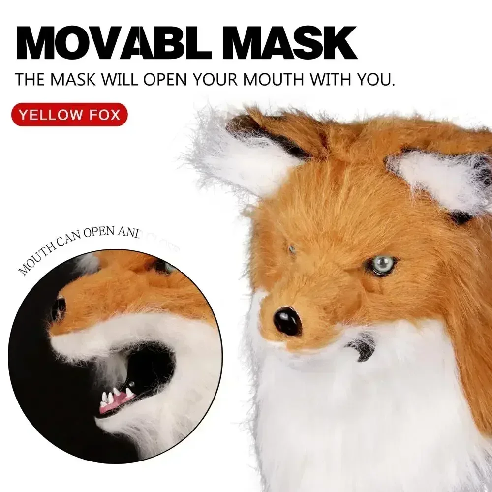2025 Halloween Movable Mouth Fox Mask Cosplay Party Wolf Masks Plush Faux Fur Suit