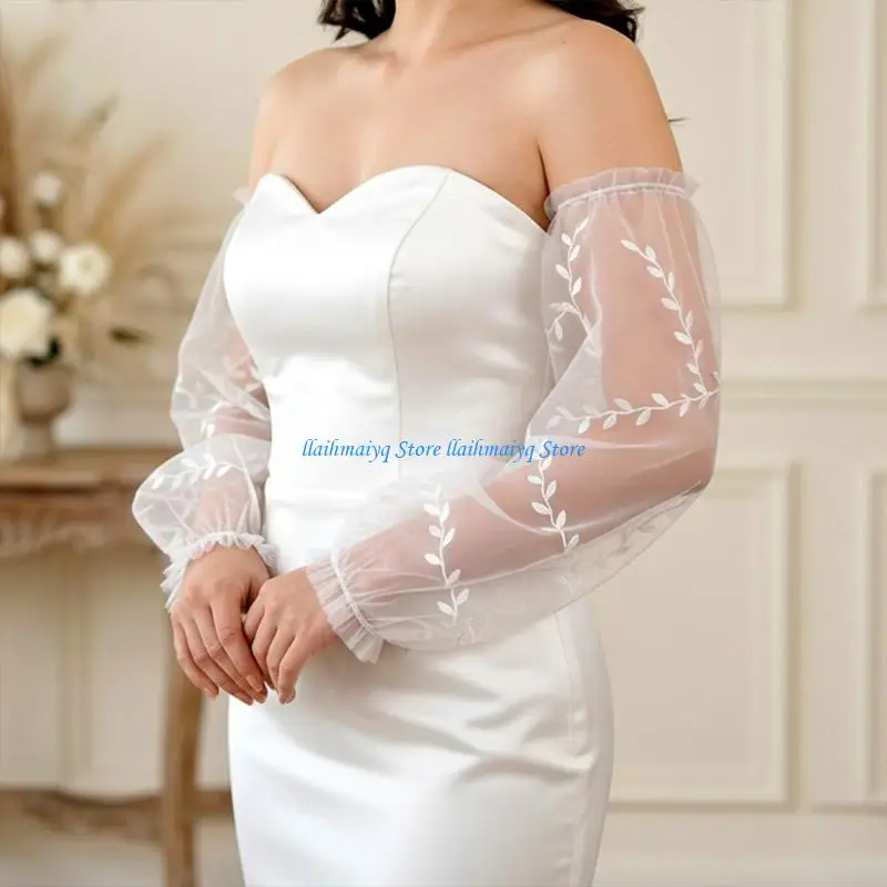 573B Elegant Arm Sleeves Bridal Gloves With Seethrough Sheer Design Embroidery Flower For Special Event Wedding Celebration