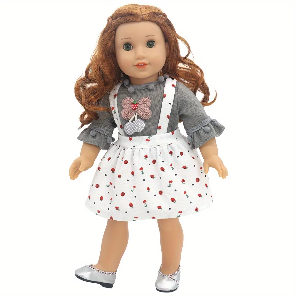 1 set of grey ball top and strawberry strappy dress doll clothes for 18-inch (45.7cm) doll girls. Suitable for American dolls