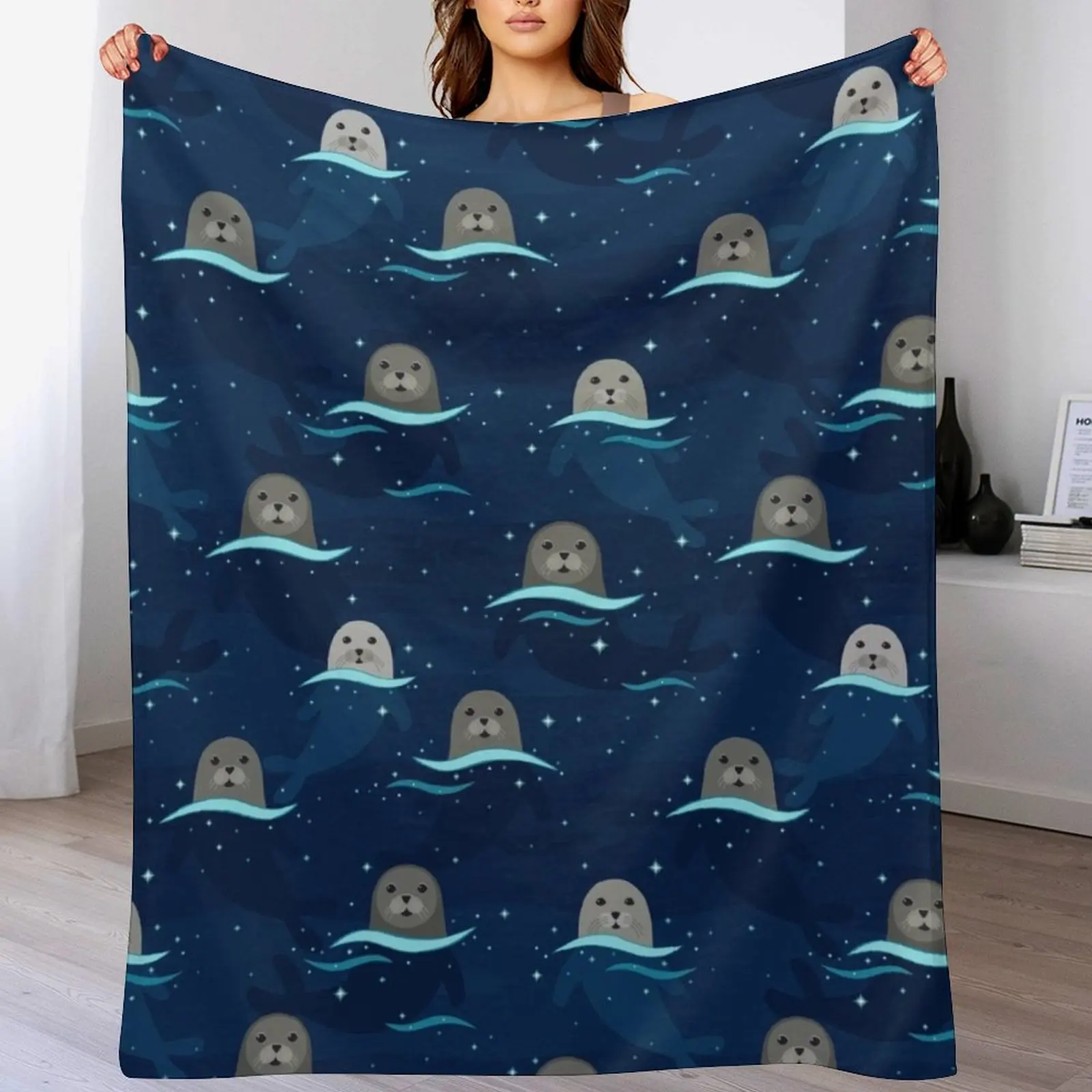 

Seals in Glowing Sea Throw Blanket Summer Cool Breathable Blanket for Sleeping