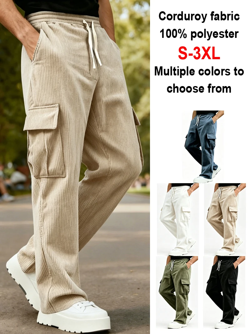 Herren Cord-Cargohose mit Elastischem Bund und Kordelzug, Lässige Hose mit Seitentaschen, Gerades Bein für Frühling und Herbst – Detail 2