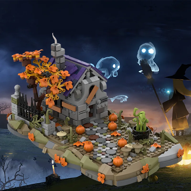 Halloween MOC Witch\'s Home Scene Ghost House Building Blocks Pumpkin Vine Plants Withered Tree Bricks Toys Compatible With LEGO