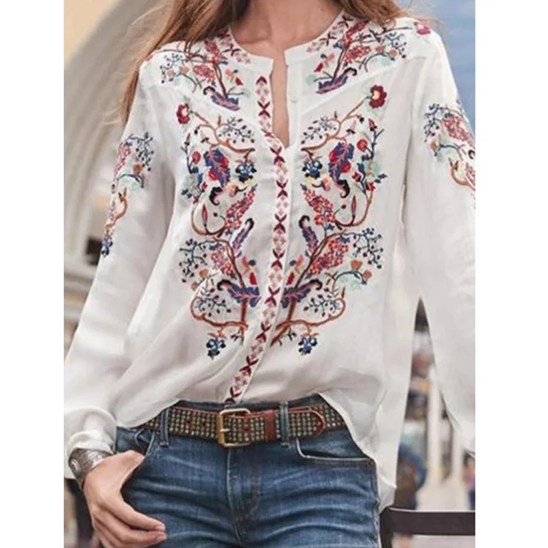 Women Bohemian Shirts Casual Long Sleeve Vintage Printing Blouse Top 2024 Spring Vintage Blouses