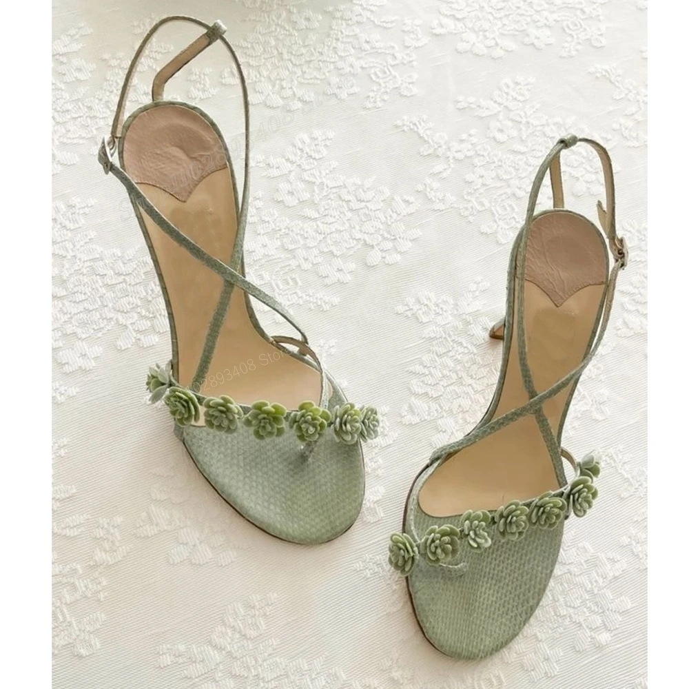 Green Flowers Design Elegant Sandals Round Toe Cross Tied Stiletto High Heel Fashion Sexy Women Shoes 2024 Zapatos Para Mujere