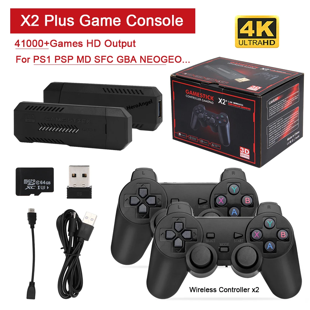 Новая консоль для видеоигр X2 Plus 4K Gamestick в стиле ретро, беспроводной контроллер 2,4G, HD EmuELEC4.3 система, более 30000/40000 встроенных игр