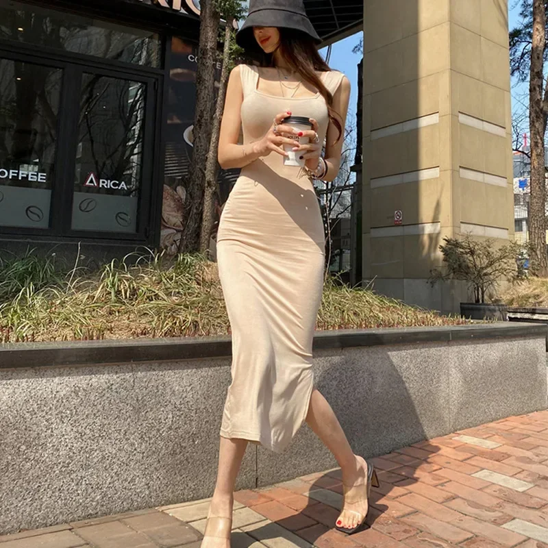 

Women Summer Spaghetti Strap Sleeveless Dress Y2k Fashion Women Bodycon Beach Dress Female Korean Elegant Evening Midi Dress 원피스