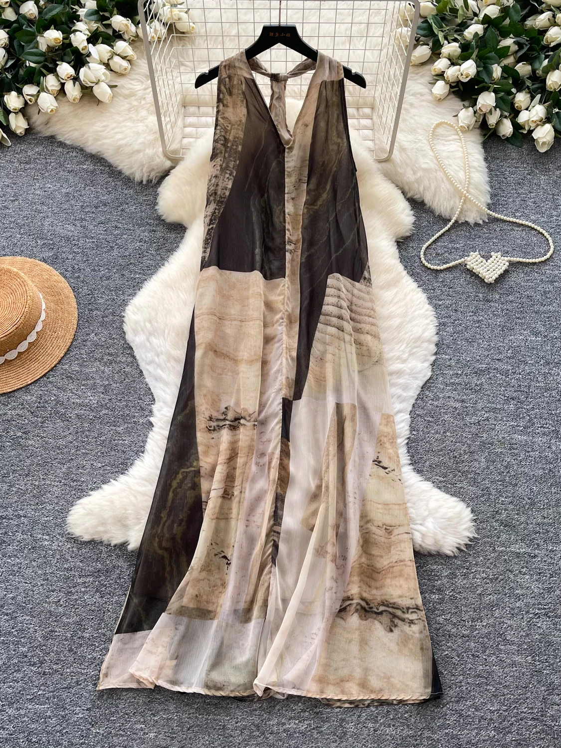 Retro Oil Painting Style Women's Long A-Line Dress Elegant Vacation Atmosphere Neck Hanging Dress Slimming Waist Design