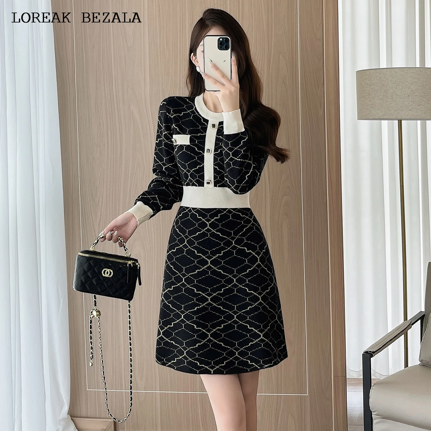 Czarna dzianinowa sukienka damska Elastyczny żakard zapachowy Sukienka wiosenno-jesienna elegancka rekreacyjna Sukienka mini jednoczęściowa