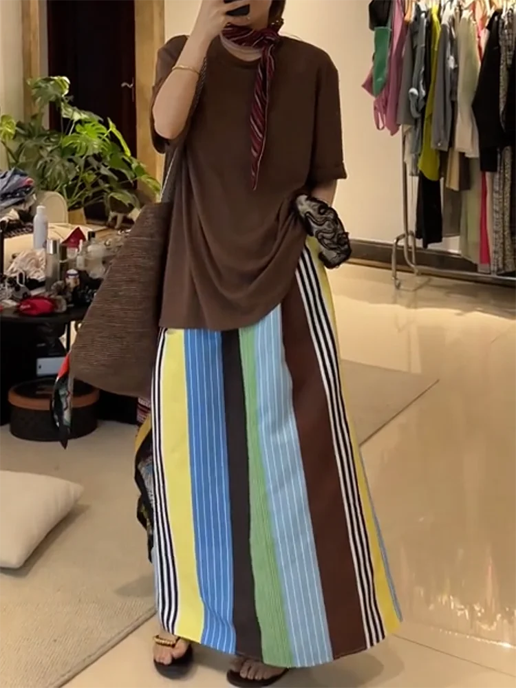 

Casual Stripe ter Ne Dr Women's Summer Faion Artistic Salt Series Skirt Korean Sle Commute Single Piece