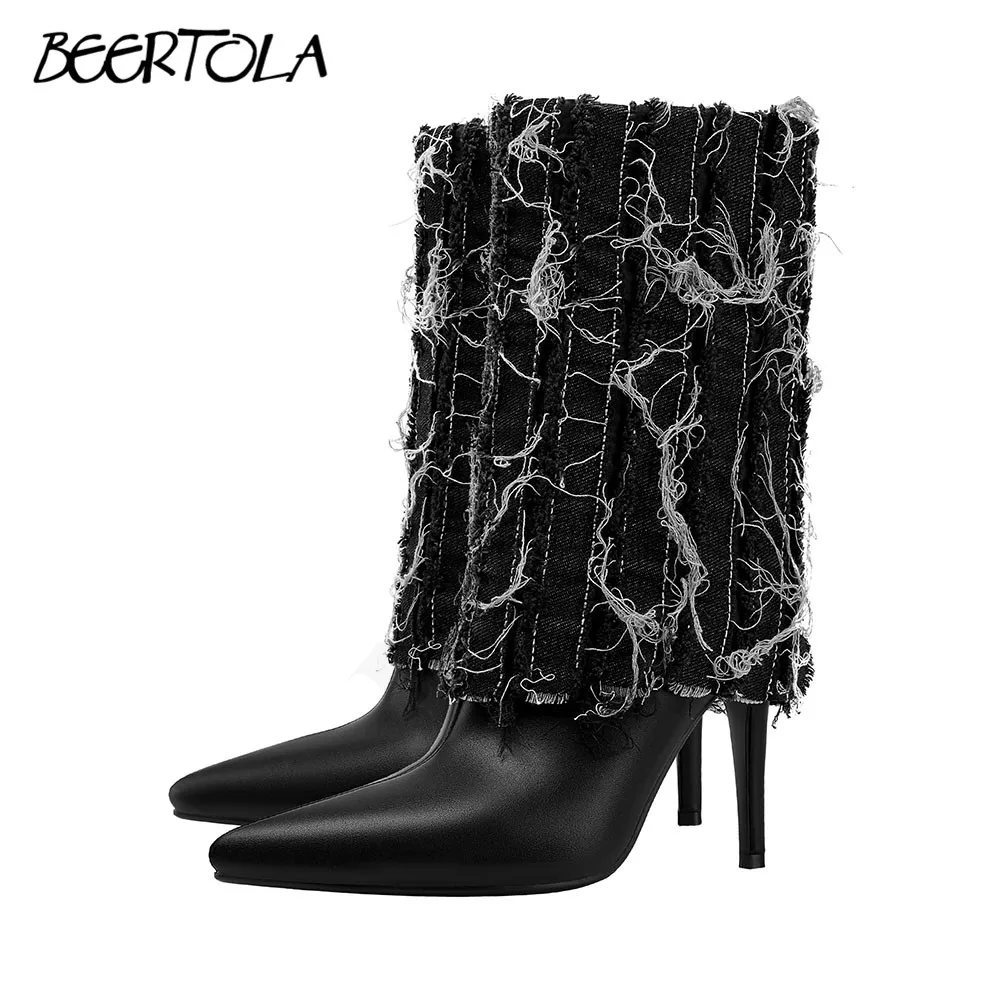 Washed Denim Pointed Toe Ankle Boots with Stiletto Heels Sexy Black Leather Boots Fashionable Large Size Temperament Calf Boots