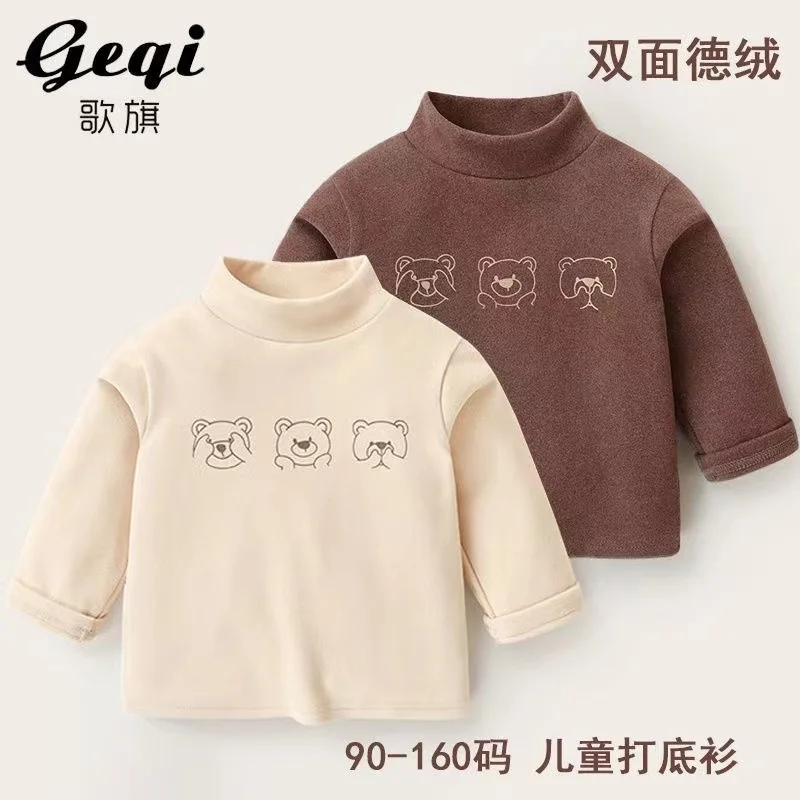 Baby Autumn/Winter Double Sided Velvet Top Children's Half High Neck Pullover Bottom Shirt Boys Long sleeved T-shirt Girl Top