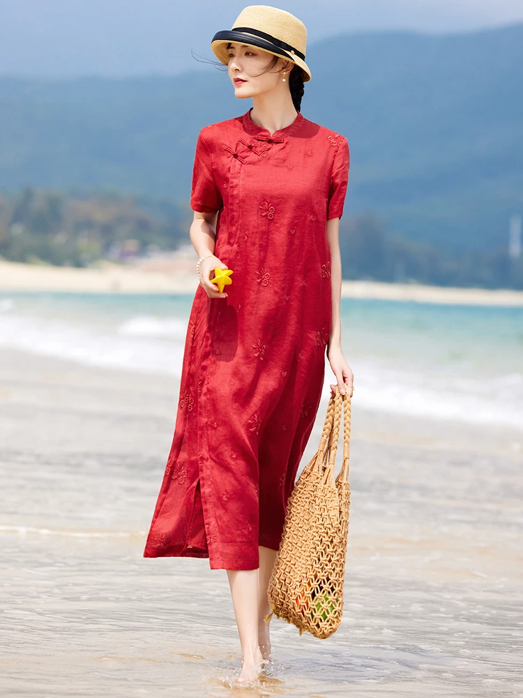 

High Quality Ramie Embroidery Women Cheongsam Dress New Arrival 2026 Summer Chinese Style Ladies Elegant Red Long Dresses M2757
