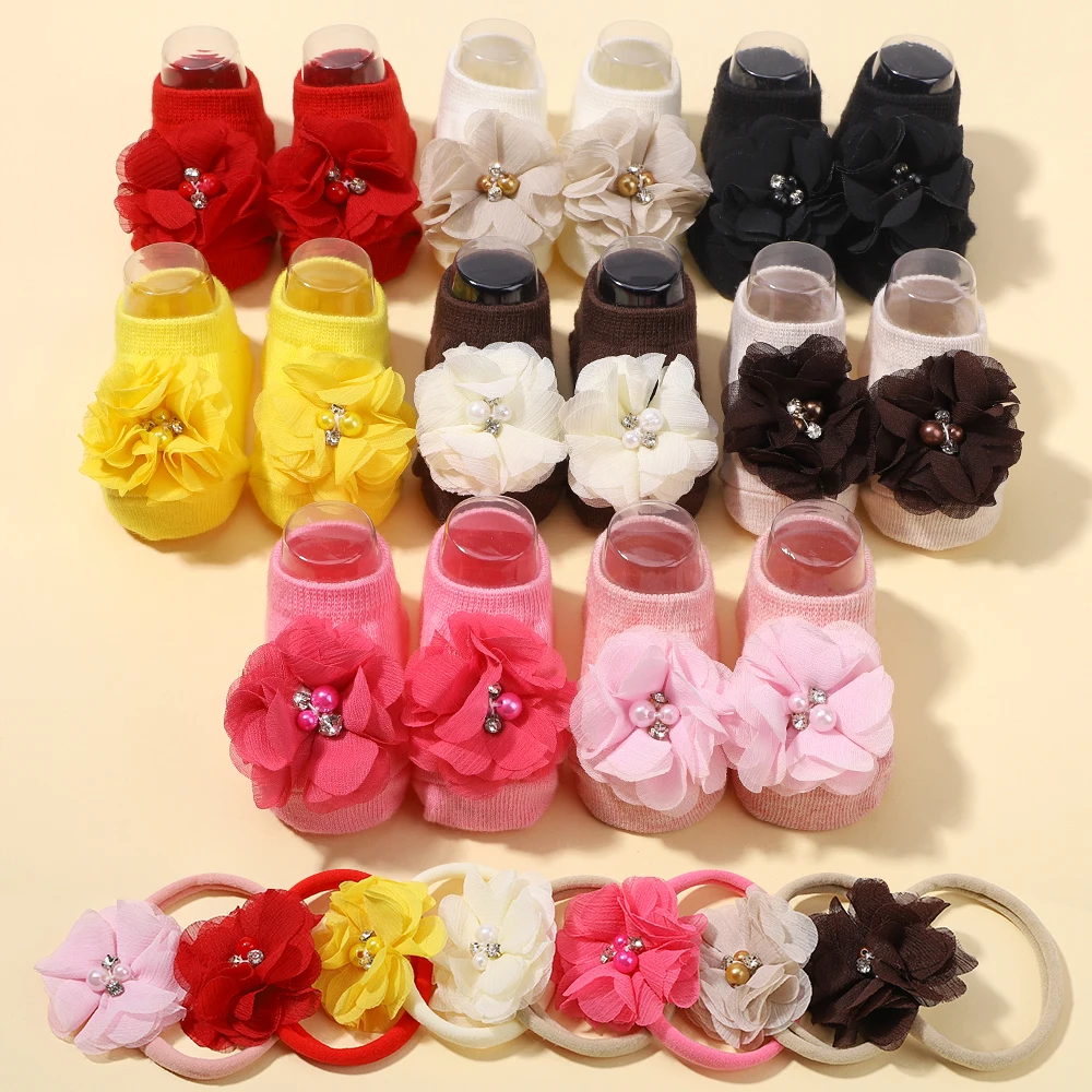 0-1Y Flower Baby Socks Headband Set for Infants Toddlers Cute Non-slip Breathable Socks Newborn Headband Gift Photo Props