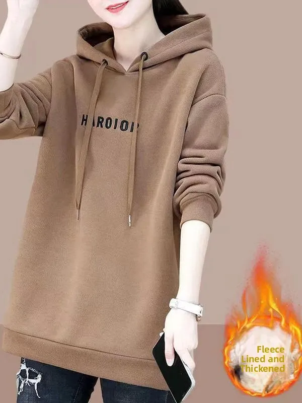 Thiened Fce Hoodie Women's Mid-Length Long Sve Faionable Loose plus Size Autumn Winter New Sle Korean Version