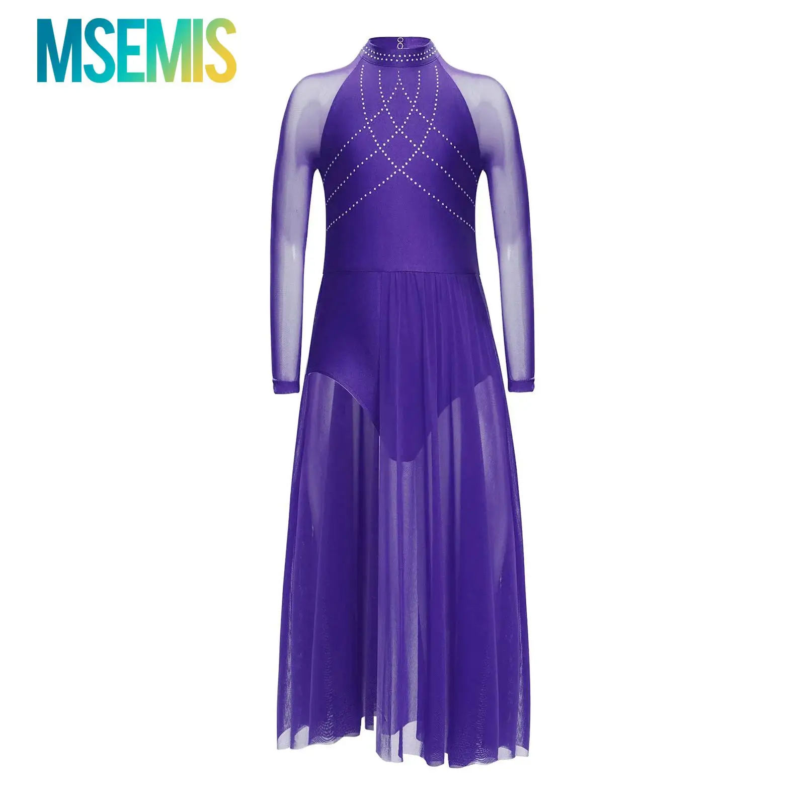 

Kids Girls Long Sleeve Shiny Rhinestone Trim Figure Skating Dress Latin Ballet Dance Performance Costume Leotard Waltz Dress