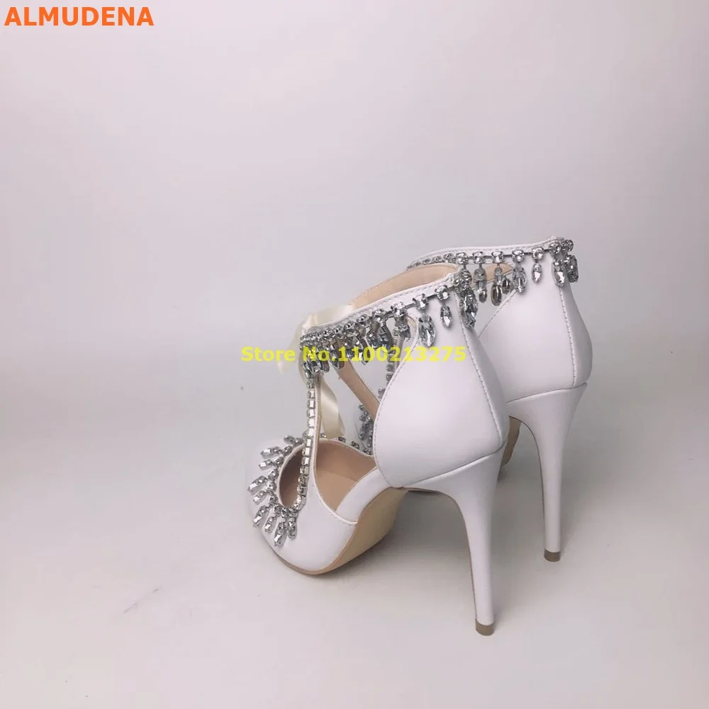 Zapatos de boda de cristal satinado blanco, punta redonda recortada con cordones, tacones de aguja finos, zapatos de novia huecos, zapatos de tacón hechos a mano