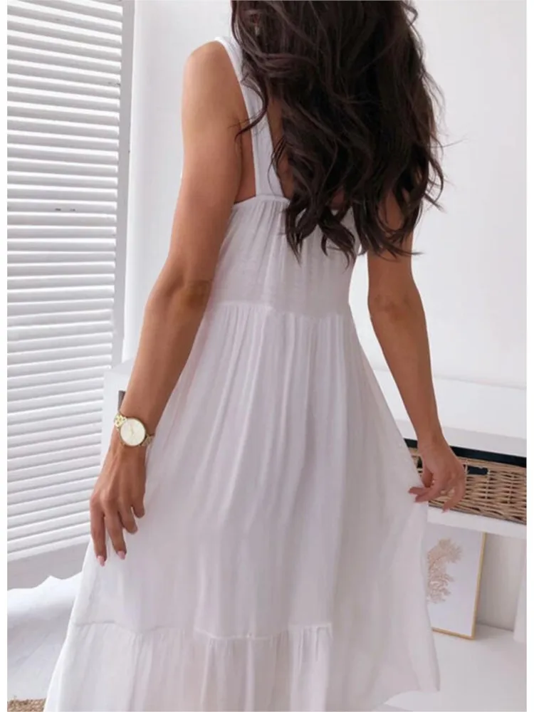 Women Boho Sexy Backless Midi Dress 2025 Summer Fashion Spaghetti Strap White Lace Patchwork Casual Beach Sleeveless Dresses