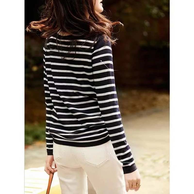 Spring Autumn Round Neck Long Sleeve Fashion Sweater Women High Street Striped Contrast Color Pullovers Elegant All-match Tops