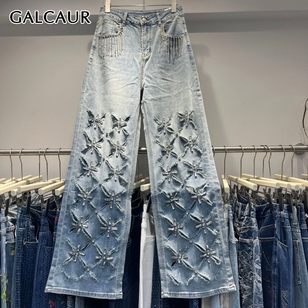 

GALCAUR Blue Spliced Diamonds Streetwear Trousers Female High Waist Loose Hot Girl Women's Wide Leg Pants Autumn Fashion Style