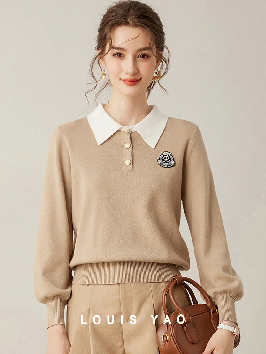 

LOUIS YAO 2024 Winter Contrasting Collar College Style Polo Collar Long Sleeve Women's Knitted Shirt for Women