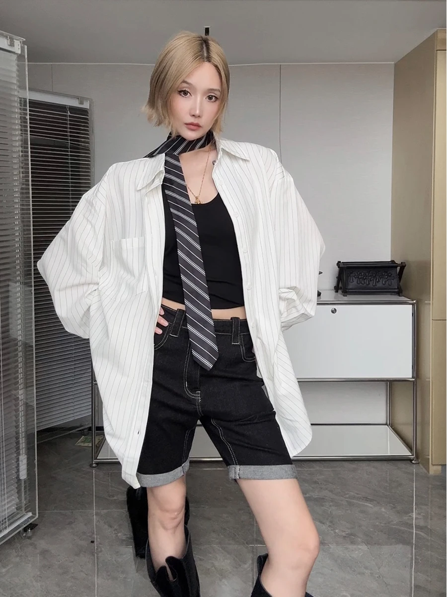 

IAMCPLUS Loose White Striped irt 2025AW Cleanfit Sle Women's Faion Breathable Long Sve Thiened Autumn Collection