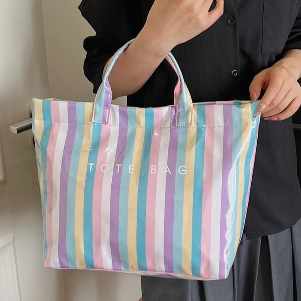 

New Fashion Waterproof Striped Tote Bag Large Capacity Patchwork PVC Handbag Colorful Polyester Shoulder Bag Shopping