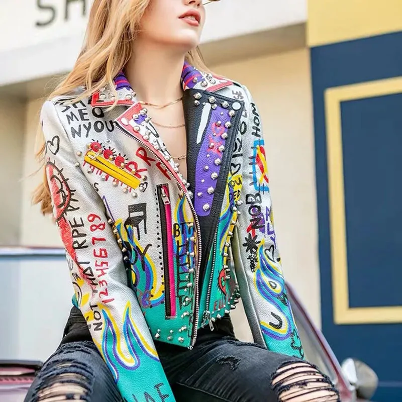 Womens Rivet Beading Pu Jacket Hit Color Streetstyle Graffiti Outerwear letters Printed leather Jackets Short Punk Street Coat