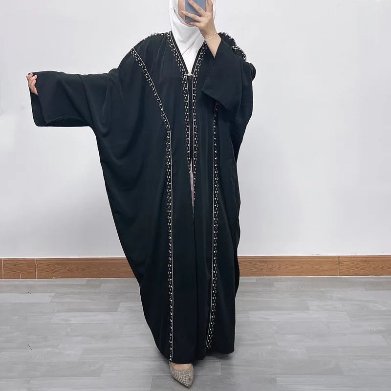 

Luxury Middle Eastern Open Front Maxi Dress With Pearl Accents And Floral Applique Plus Size Islamic Outerwear