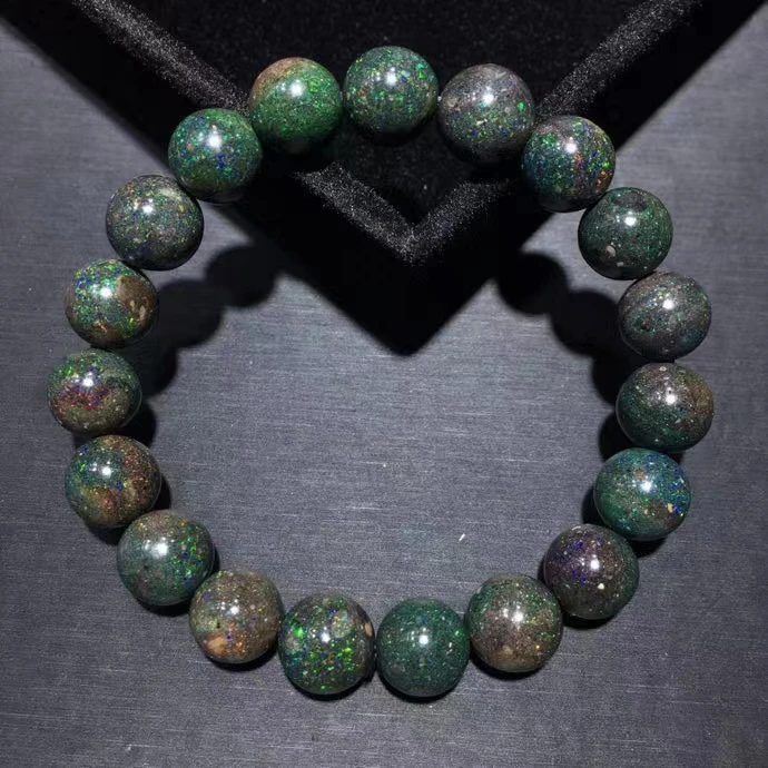 

Natural Black Opal Round Beads Flash Green Opal Bracelet 10.7mm Light Gemstone Stretch Women Men Jewelry AAAAA