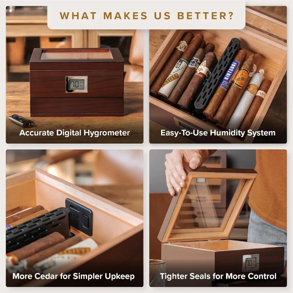 Glass Top Cigar Humidor with Thick Cedar, Easy Humidification System, Accurate Digital Hygrometer - Brown view 3