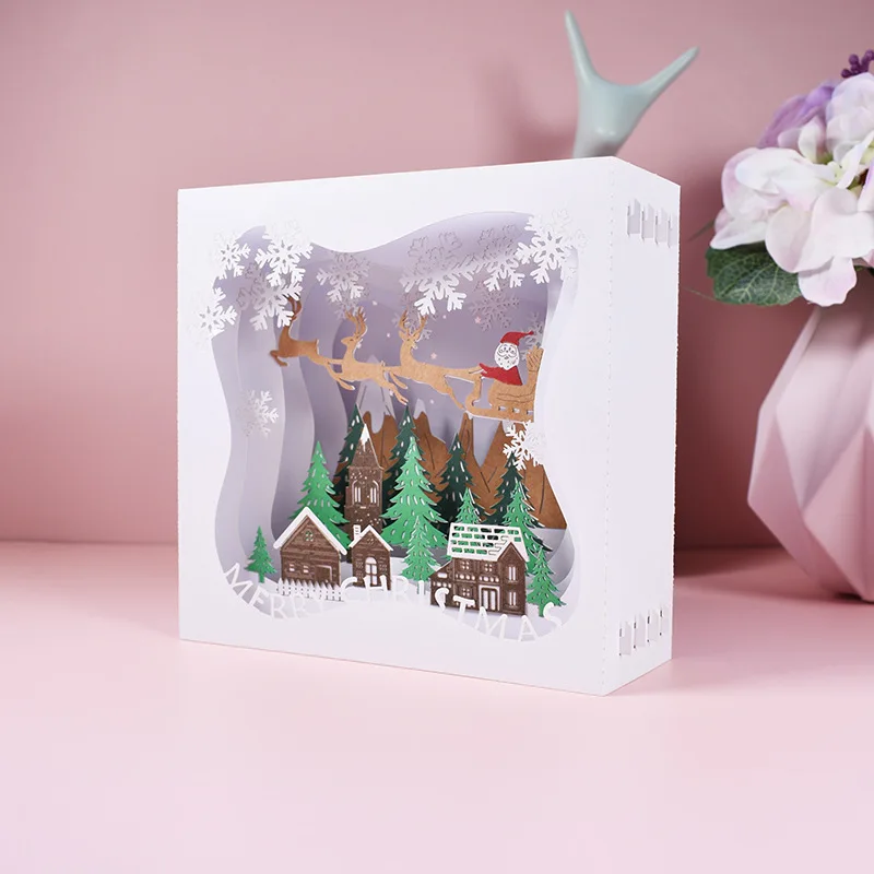 New Christmas Greeting Card3DThree-Dimensional Cross-Border Hot Selling Handmade Paper Carving Card Christmas Box Wholesale