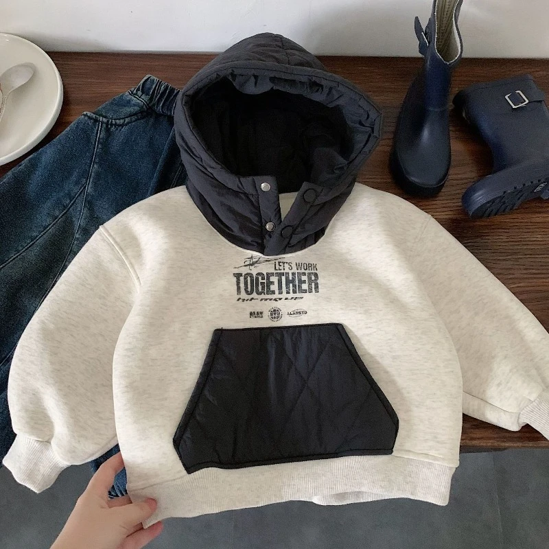 

2025 Autumn Winter Children Velvet Sweatshirt Toddler Hooded Tops Kids Clothes Boys Girls Casual Pullover Letter Hoodies